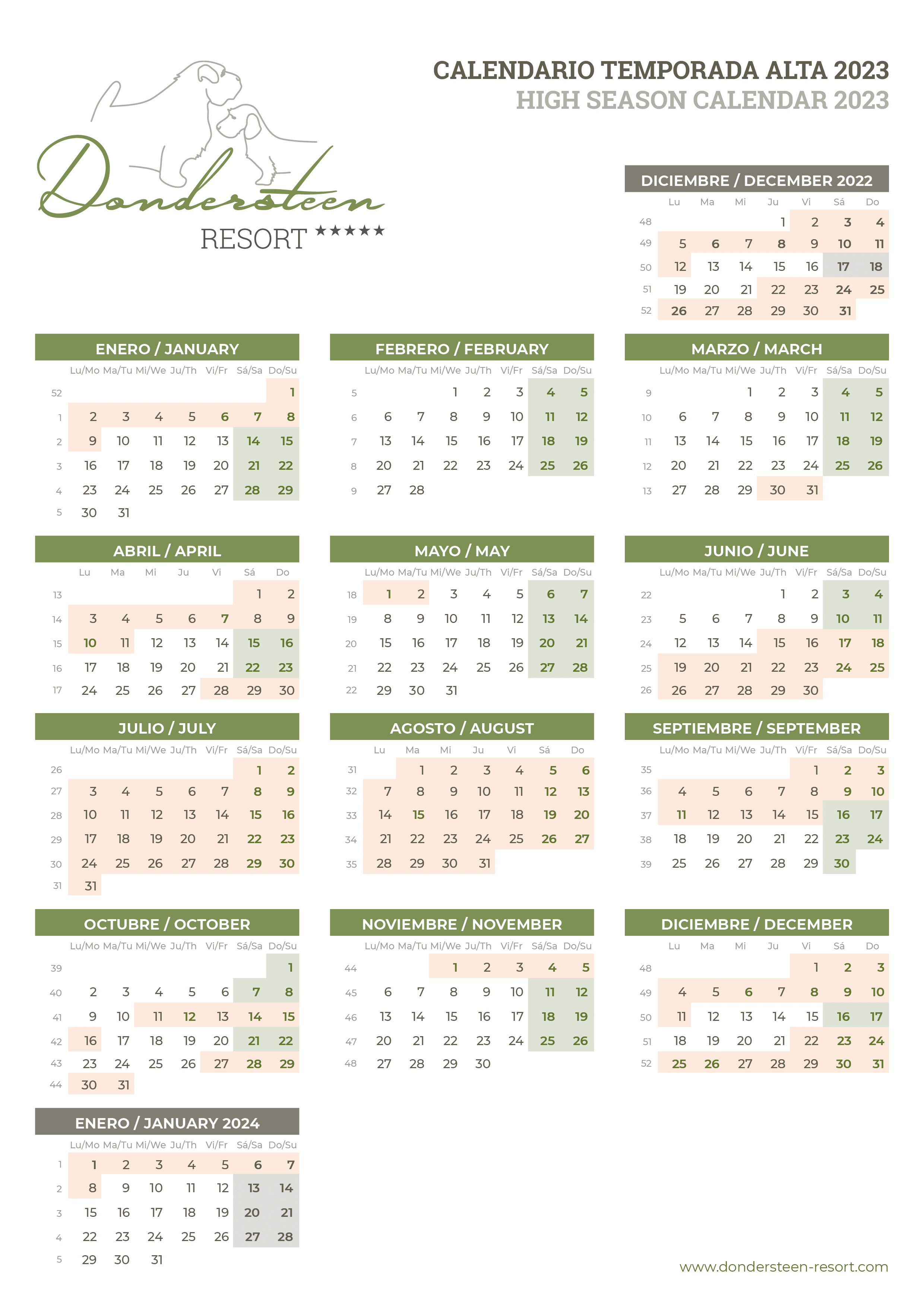 calendario temporada alta 2023 - Dondersteen Resort